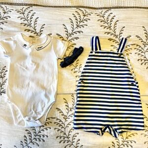 Jacadi White Bodysuit and Blue Striped Romper Set